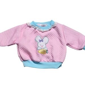 1990's Quilted Bunny Carrot Sweatshirt Pink Blue Ruffle Collar Easter Spring